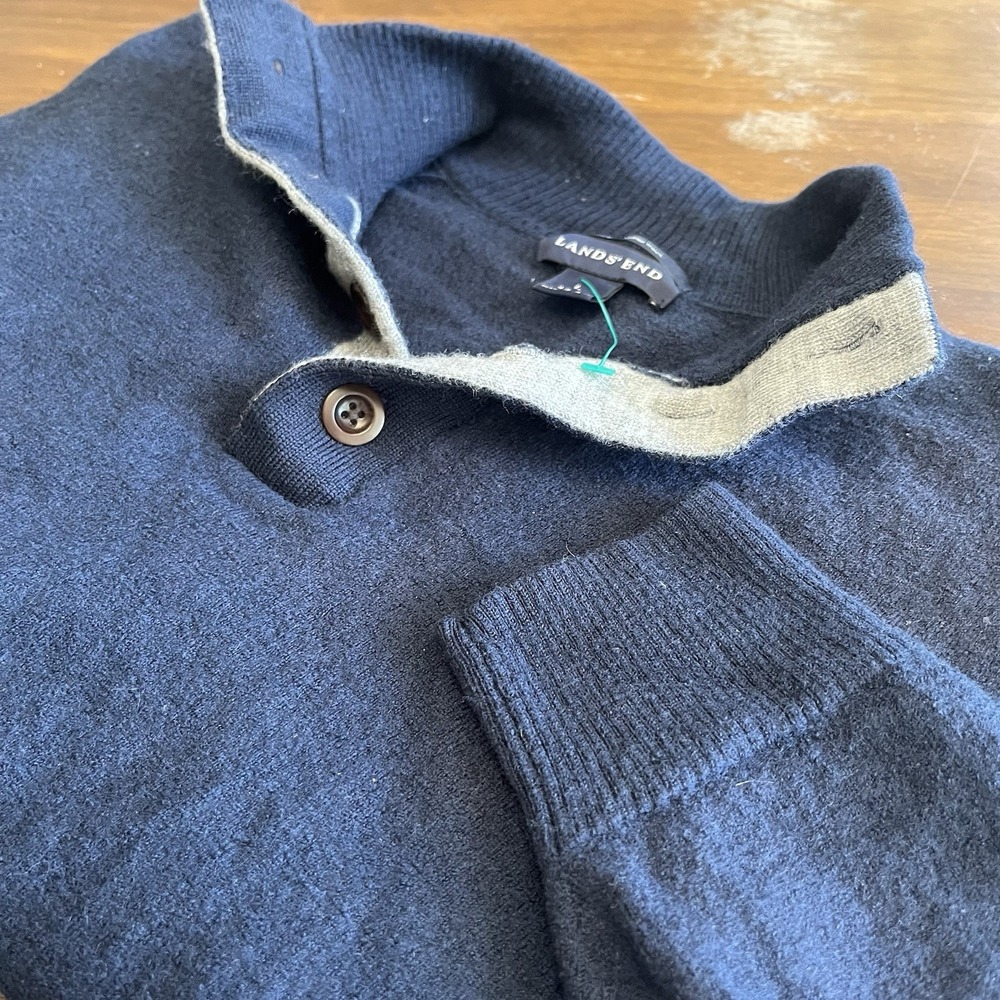 Lands End Sweater Mens Large Blue Merino Wool 1/4 Button Zip Mock Neck Outdoors